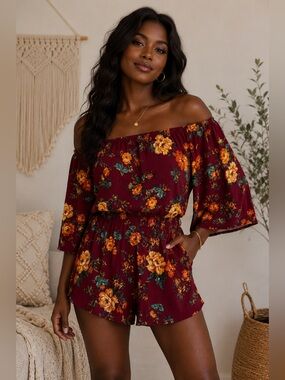 Streetwear Society Floral Off Shoulder Romper Size M Burgundy Boho